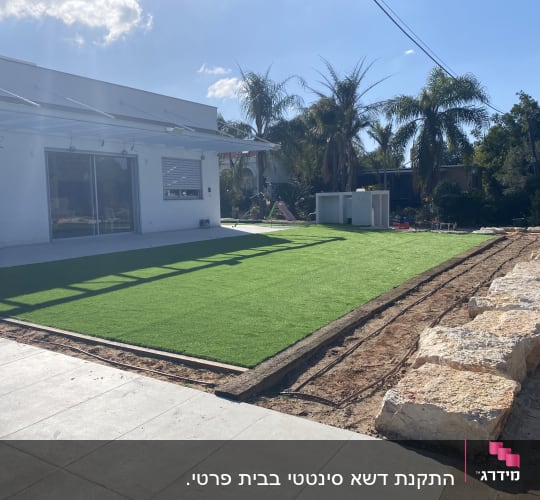 דשא סינתטי בחצר עם עצים מסביב